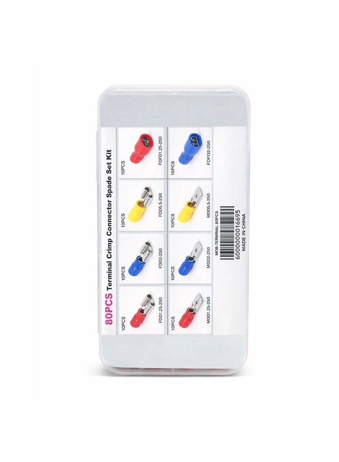 موب مجموعة موصلات طرفية معزولة من نوع Spade مكونة من 80 قطعة، مجموعة موصلات أسلاك سريعة الفصل من الذكر والأنثى، تشكيلة من أطراف التوصيل الكهربائية النحاسية المطلية بالبلاستيك PVC، 8 أنواع، 10 قطع من كل نوع، لتوصيلات أسلاك السيارات، وإصلاحات الكهرباء المنزلية - Image 3